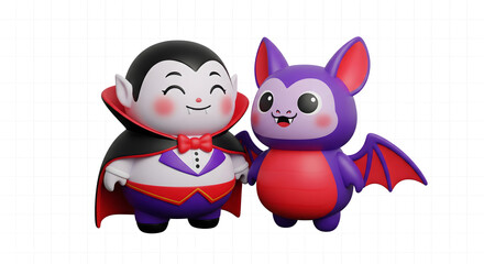 Fototapeta premium A friendly cartoon vampire and his adorable purple bat companion stand together in a cute 3D Halloween scene