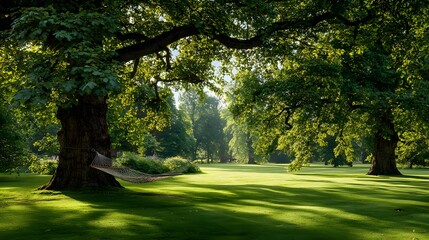 Fototapeta premium Idyllic summer afternoon scene depicts a woven hammock suspended between two massive, leafy trees in a sunlit park