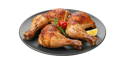 Roasted chicken legs with garnish on a plate isolated PNG with Transparent Background