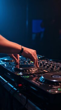 DJ Hands Mixing Music on Professional Turntables Blue Club Lights