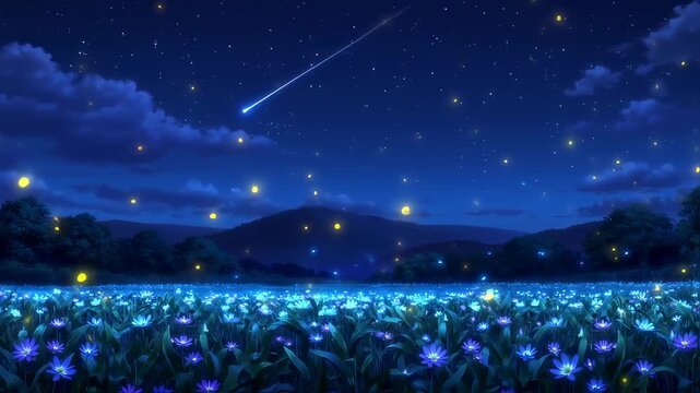 A vibrant floral meadow bathed in moonlight, under a dark blue sky with a shooting star
