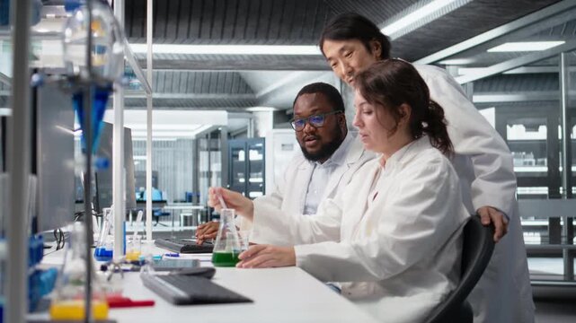Multiracial researchers in lab inspecting liquids in test tube, looking for breakthroughs during clinical trials. Multiethnic employees comparing chemicals vials, testing right formula, camera A - Powered by Adobe