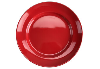 A vibrant red round dinner plate with a smooth glossy finish shines under bright studio lighting