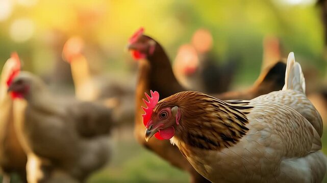 Close-up video of a brown hen with red comb in focus, surrounded by a blurred flock of chickens on a farm. Warm, natural lighting