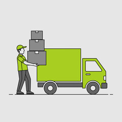 Delivery Truck with Worker Loading Boxes for Logistics and Shipping