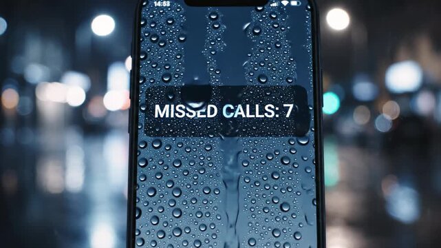 Phone screen displaying "Missed Calls 7" amidst rain droplets, blurred cityscape backdrop
