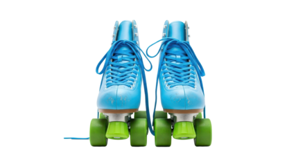 Pair of retro light blue roller skates with bright green wheels isolated PNG with Transparent Background