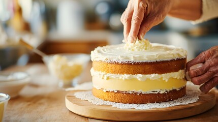 Elderly hands carefully apply white frosting to a layered dessert creation on a wooden surface
