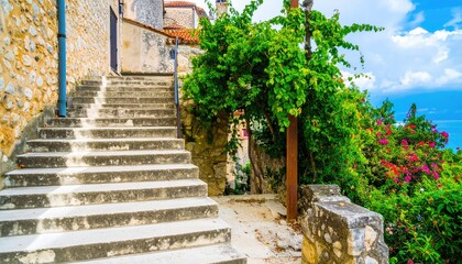Sunlit Stone Steps in a Mediterranean Village