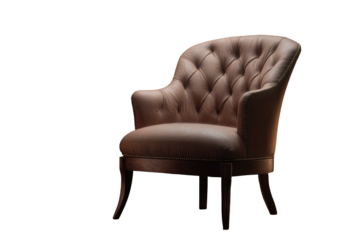Tufted armchair, curved, brown leather, low lighting, isolated