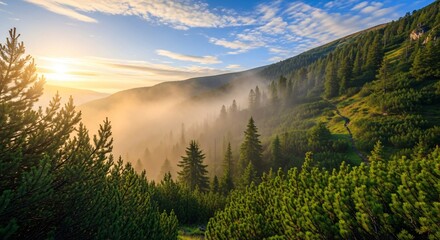 Obraz premium Majestic sunrise over lush green pine forest in misty mountain landscape with dramatic sky and sunlight