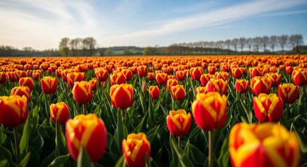 Vibrant field of blooming red and yellow tulips under blue sky in spring countryside landscape