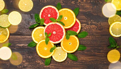 Citrus Fruit Slices with Mint on Dark Wooden Background