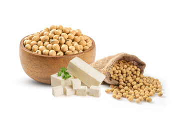 Slices block tofu with soybean in wooden bowl isolated on white background.