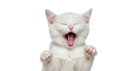 White kitten yawning with open mouth isolated PNG with Transparent Background