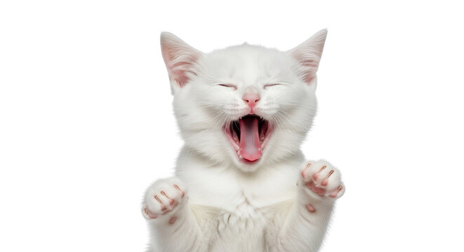 White kitten yawning with open mouth isolated PNG with Transparent Background