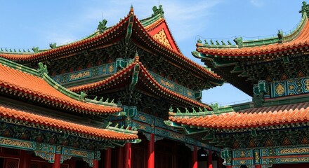 Traditional Chinese temple architecture with ornate roof decorations and vibrant red, green, and gold colors