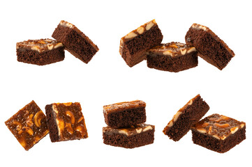 Set of brownie cake with nut isolated on white background.