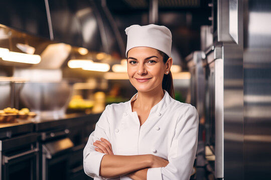 Smiling portrait of a professional female chef in a white uniform and toque, standing with arms crossed in a modern, stainless steel commercial kitchen. Use for culinary arts, hospitality careers