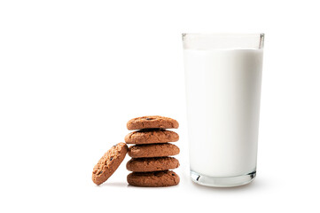 Glass of milk and cookies on white background