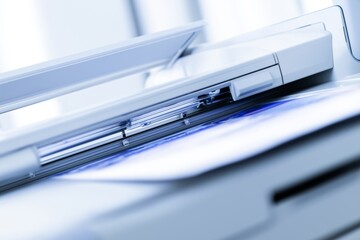 Close-Up View of a Modern Scanner Capturing Documents with Precision and Clarity in a Bright Workspace