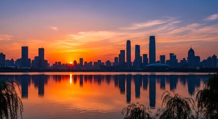 Modern city skyline with tall buildings reflected in calm water at vibrant orange sunset dusk