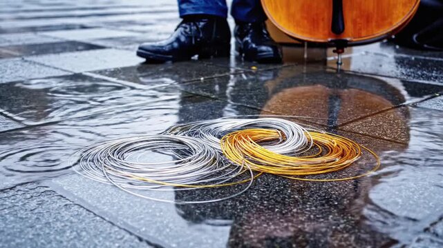 Wet city scene of a musician with cello, reflected in rain, with coiled strings on pavement