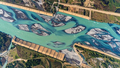 Aerial View of Braided Teal River with Tan Sandbars