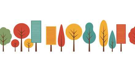 Seamless Autumn Trees Border Illustration - Mid-Century Modern Scandinavian Folk Art Style Horizontal Vector Pattern for Fall Design