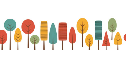 Seamless Autumn Trees Border Illustration - Mid-Century Modern Scandinavian Folk Art Style Horizontal Vector Pattern for Fall Design
