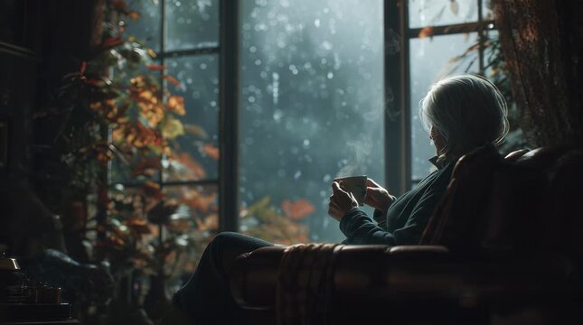 Person drinking coffee watching rain by the window