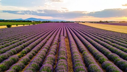 Aerial View of Lavender Field at Sunset