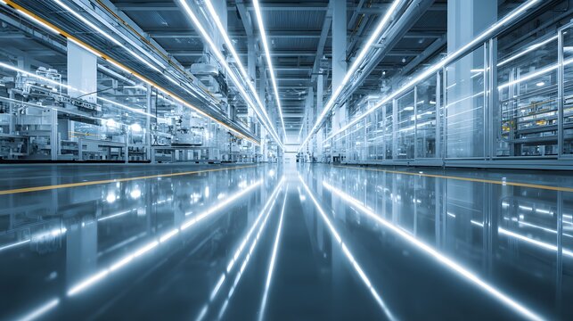 Illuminated modern industrial facility showcases highly reflective floor and automated production lines