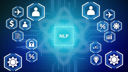 Natural Language Processing concept with interconnected icons on a blue grid background artificial intelligence - Powered by Adobe