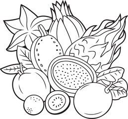 Exotic fruit medley line art fresh tropical assortment natural healthy food design isolated on transparent background