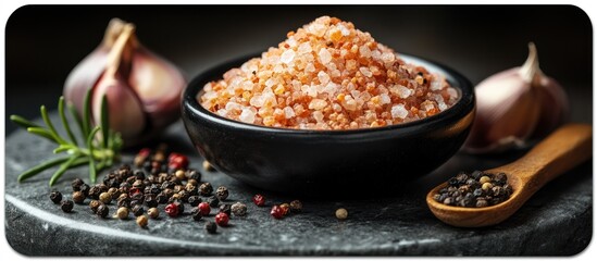 Himalayan pink salt in a bowl with garlic, rosemary, and peppercorns.