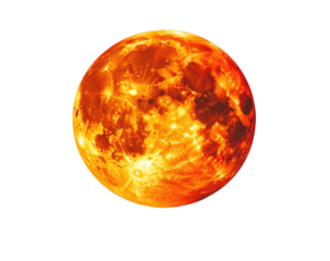 Fiery sphere glows, detailed texture against stark black