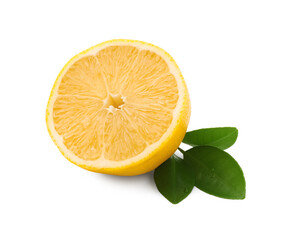 Half of ripe lemon and leaves isolated on white