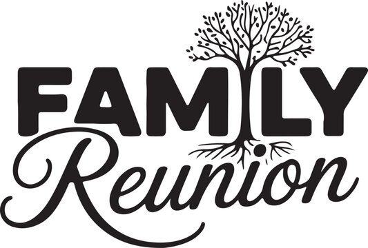 Family reunion text and tree graphic celebrating generational connections and heritage isolated on transparent background