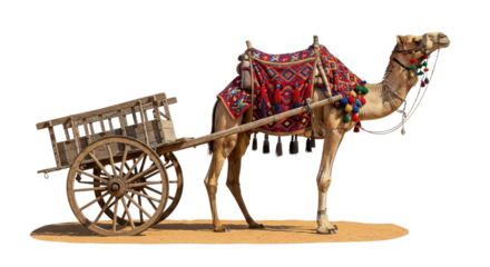 Camel carrying a cart with ethnic tapestry saddle isolated PNG with Transparent Background