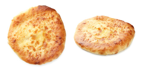 Delicious Megrelian khachapuri isolated on white, collage. Top and side view