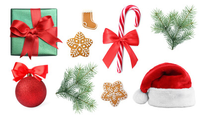 Christmas candy cane, gingerbread cookies, gift box, Santa Claus hat and festive decor isolated on...
