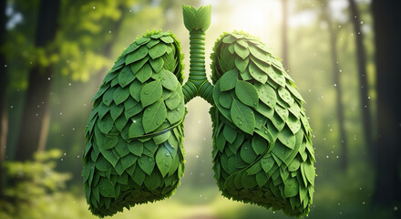 3D lungs made of green leaves — clean air and environmental health