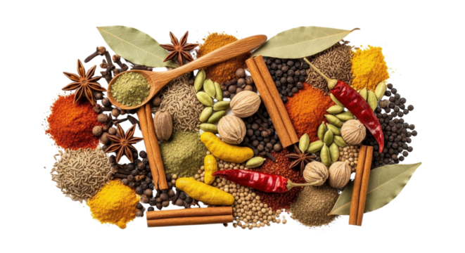 Mix of colorful spices for culinary and food photography isolated PNG with Transparent Background