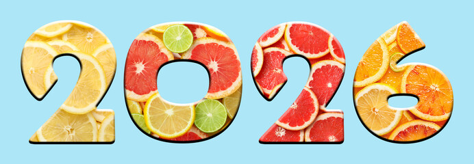 2026 numbers with citrus fruits inside on light blue background. New Year banner