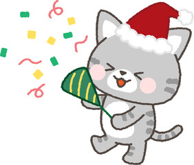 クラッカーを鳴らすサンタ帽を被ったサバトラネコ