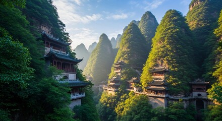 Traditional ancient temples nestled among lush green mountains in serene morning light, panoramic scenic landscape