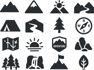 A clean 16-icon set symbolizing mountains and outdoor landscapes. Includes mountain peak, snow cap, sun over mountains, river valley, camping tent, hiking trail, pine tree, compass, map, sunrise, adve