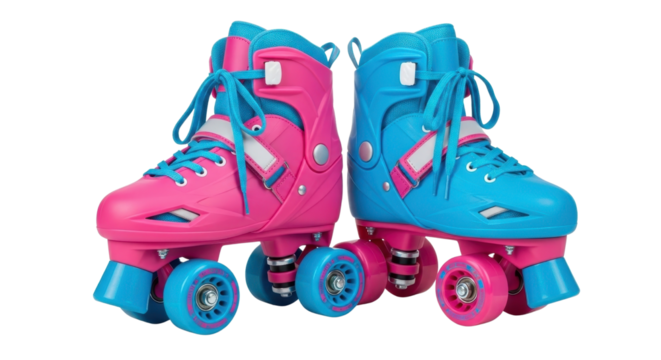 Pair of pink and blue roller skates for girls isolated PNG with Transparent Background