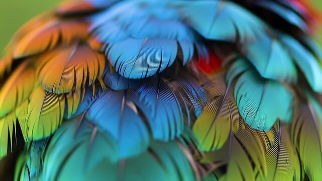 Close-up View of Macaw's Colorful Feathers with Vibrant Hues and Texture